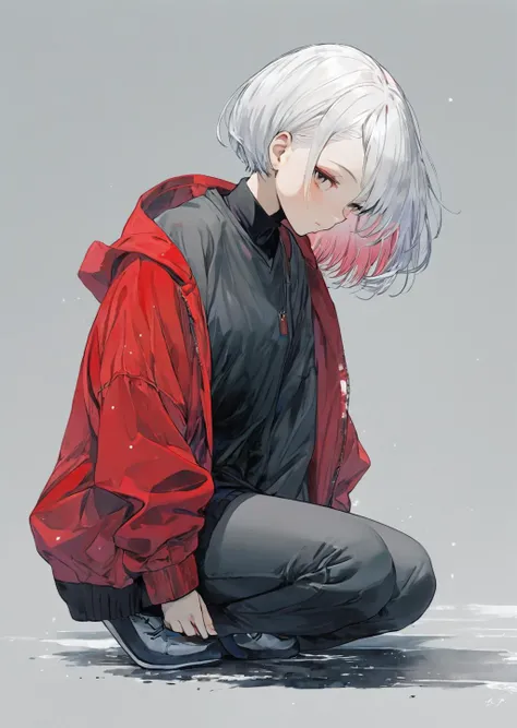 1girl
leaning forward 
silver hair
buzz cut
red coat
gradient, colorful
white shirt
 color ink by sui ishida