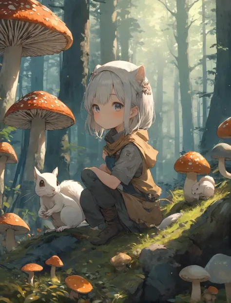 (masterpiece), (best quality), (super fine illustration), (beautiful and detailed eyes), {very detailed light}, {painting}, {{very fine 8K CG wallpaper}}, upper body, anime, 1girl, solo, mushrooms forest, colorful mushrooms, stone statue, squirrel,marten