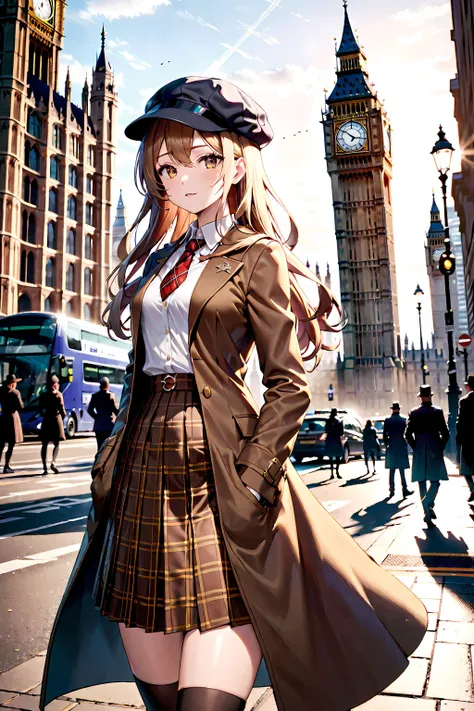 depth of field, masterpiece, best quality,1girl, solo, detective, khaki detective cloak, ((deerstalker hat)), white collared shirt, red necktie, brown plaid skirt, thighhighs, haipin, yellow long hair, victorian london, city street, Big Ben at distance,  l...