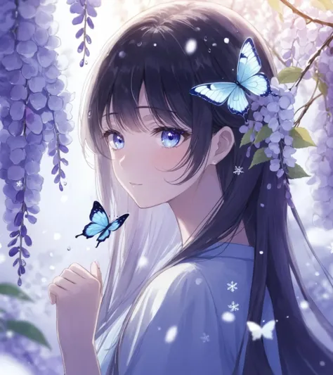 anime girl with butterfly in hair and blue eyes