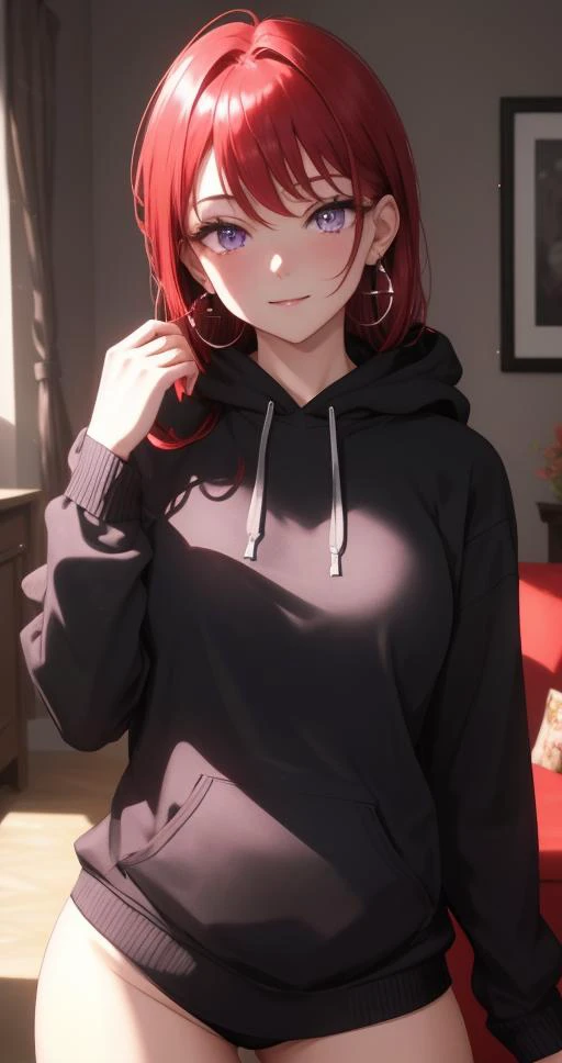 (Red hair), (Portrait style), Cute, Round face, Beautiful purple eyes, (Soft expression), Seductive smile, (Wearing a black hoodie), Golden cross earrings, Standing up, ((Earrings)),
Simple background, (Living room scene), Fancy bedroom scene,
(masterpiece...