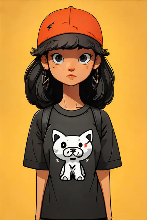 a cartoon girl with a cat t - shirt and a baseball cap