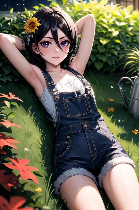 anime girl laying on the grass with a flower in her hair