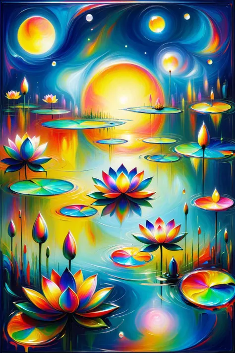 a painting of a colorful sunset with water lils and stars