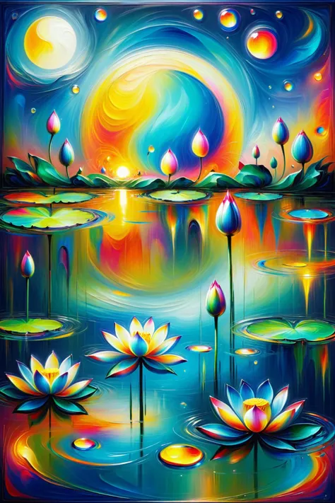 a painting of a colorful painting of water lils and a full moon