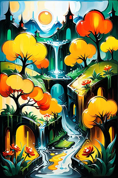 painting of a waterfall with trees and flowers in the foreground