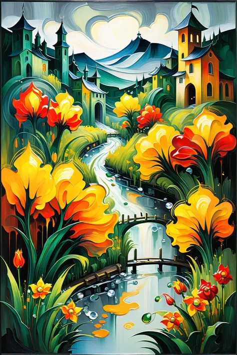 a painting of a river with flowers and a bridge