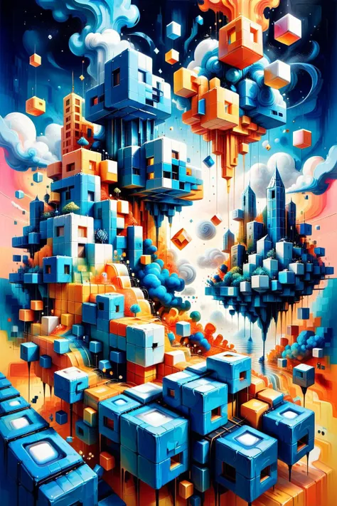 a painting of a bunch of cubes in the sky