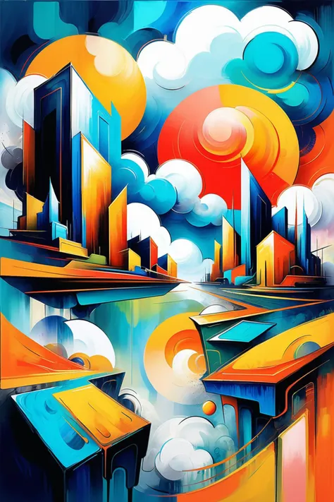 a painting of a city with a river and a sky