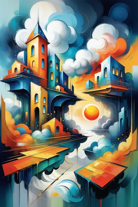 a painting of a city with a clock tower and a sunset