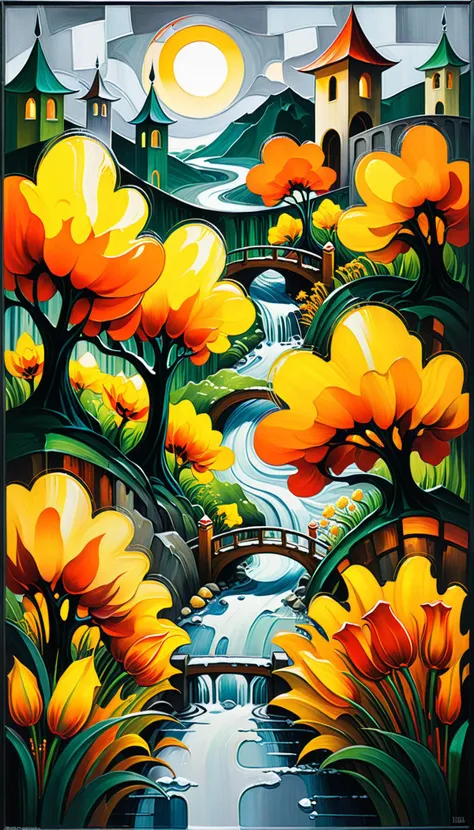 a painting of a painting of a river and a bridge