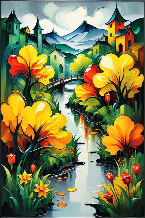 painting of a river with yellow flowers and a bridge