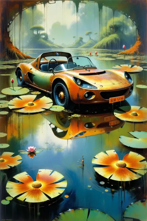 painting of a car in a pond with lily pads and a bridge