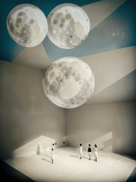 <lora:Collage:1>collage two women standing in a room with a full moon above them