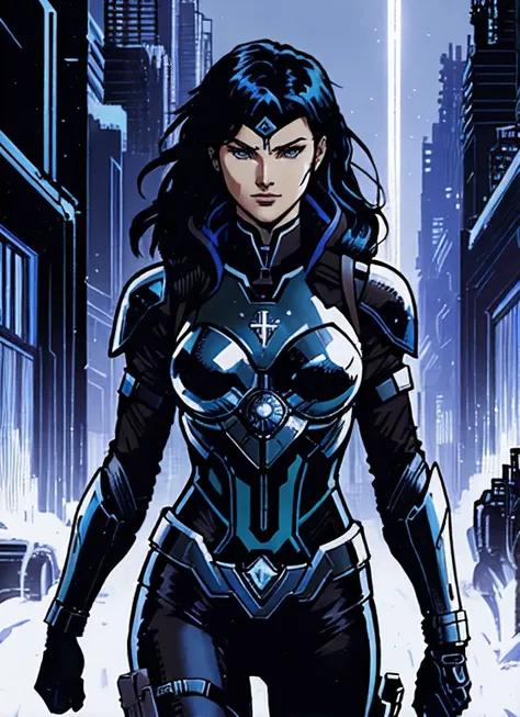 a woman in a black and blue costume walking down a street