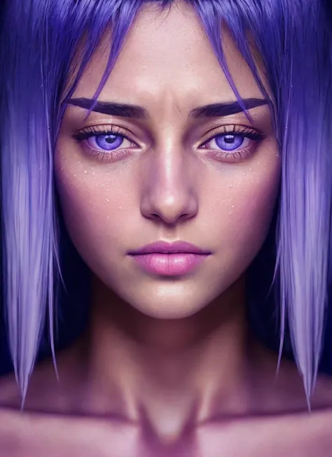 a close up of a woman with purple hair and blue eyes