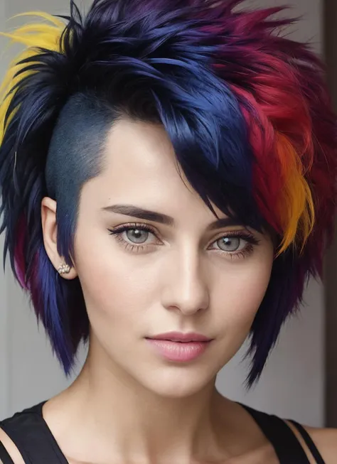 a woman with a colorful mohawk haircut and a black tank top