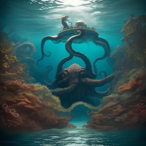 a painting of an octopus with a man on top of it