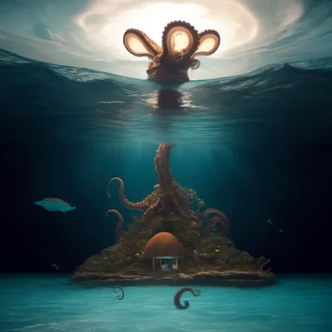 a large octopus is swimming in the ocean near a small island