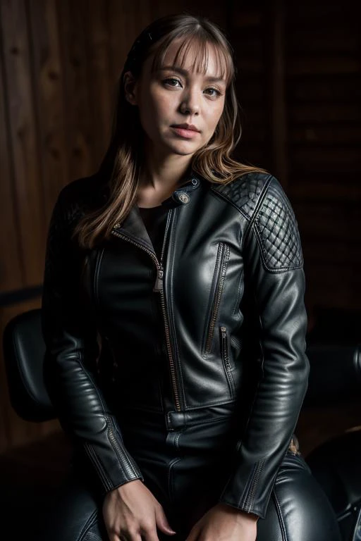 a woman in a black leather jacket sitting on a motorcycle