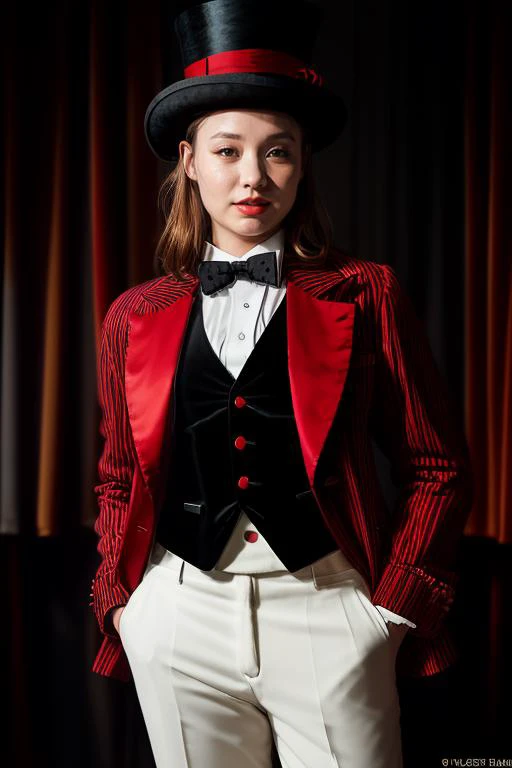 DEN_miyu_kiyoharaMK2,
(performing in a (circus:1.2) wearing a red and black (blazer:1.1) and white (shirt:1.1) and cream (trousers:1.1) and black bow tie and (top hat:1.1), ring leader, circus:1.2),
bokeh, f1.4, 40mm, photorealistic, raw, 8k, textured skin...