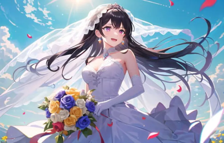 (masterpiece:1.6), (best quality:1.3), (intricate details, chromatic aberration, absuredres, 1girl),  :d, bare_shoulders, blue_flower, blue_rose, blue_sky, bouquet, bridal_veil, bride, brown_hair, cloud, confetti, day, dress, earrings, elbow_gloves, falling_petals, flower, gloves, green_flower, holding, holding_bouquet, jewelry, open_mouth, orange_flower, petals, pink_flower, pink_rose, purple_eyes, purple_flower, purple_rose, red_flower, red_rose, ribbon, rose, rose_petals, sky, smile, solo, streamers, veil, wedding_dress, white_dress, white_flower, white_gloves, white_rose, wind, yellow_flower, yellow_rose