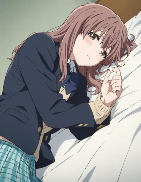 anime girl laying on a bed with her head on a pillow