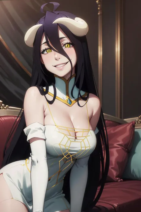 (((picture perfect))), (absurdres), 1girl, solo, <lora:albedo-overlord:0.8>, albedo, smug, white dress, detached collar, elbow gloves, looking at viewer,  big smile, cleavage, upper body,