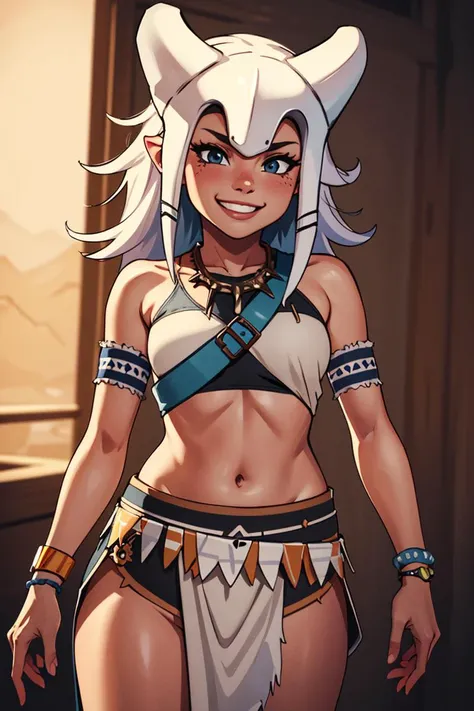 ((masterpiece,best quality)), absurdres, <lora:Savage_Design:0.8>, Savage_Design, 1girl, tribal, solo, smiling, looking at viewer, cowboy shot, cinematic composition, dynamic pose,