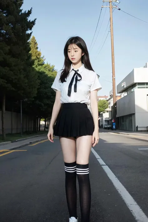 arafed asian woman in a short skirt and white shirt standing on a street