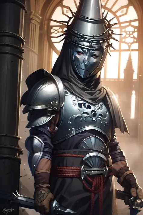 penitentone, <lyco:penitentone-LYCORIStest:1>, 
penitent one, gloves, 1boy, holding, weapon, sword, cape, holding weapon, armor, capelet, holding sword, helmet, shoulder armor, brown gloves, pauldrons, breastplate, full armor, (covered face:1.7), (black ey...