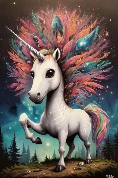 painting of a unicorn with a colorful mane and feathers on its head