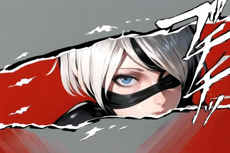 anime girl with black mask and red cape peeking out of hole