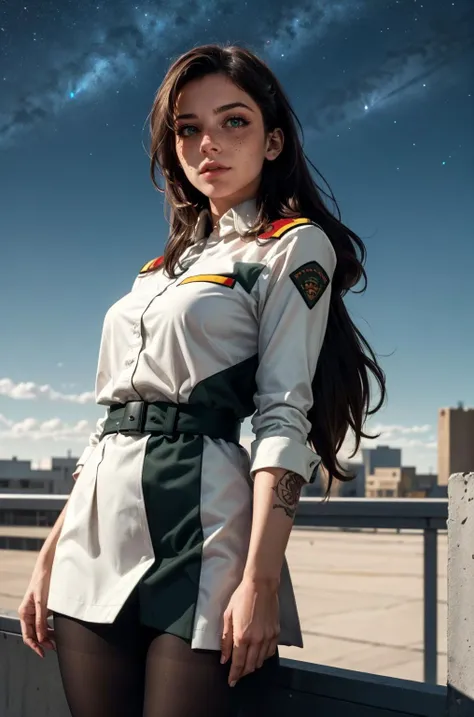 a woman in a uniform poses for a picture on a rooftop