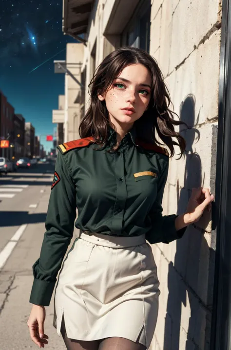 woman in uniform leaning against a wall on a city street