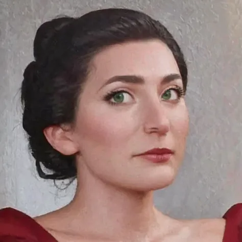 painting of a woman in a red dress looking off to the side