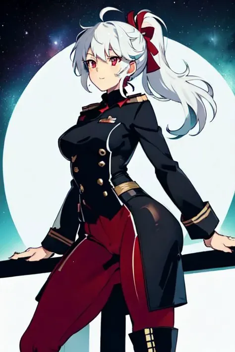 Tall and slim female space fleet officer with ruby red eyes and white hair ponytail in black long double breasted jacket and breeches and tall boots