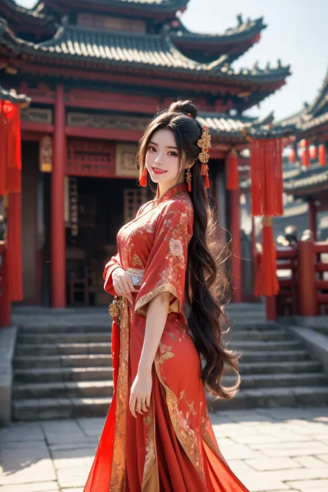 a woman in a red dress standing in front of a building