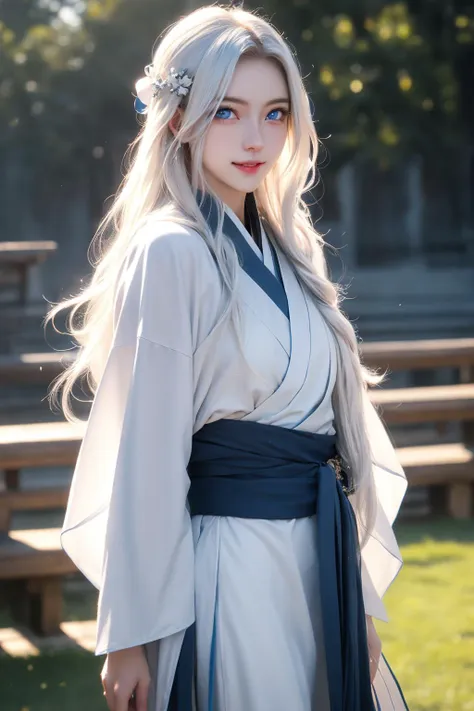 a woman in a white dress and blue sash standing in a park