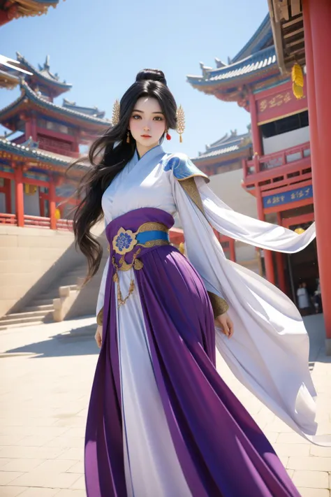 a woman in a purple and white dress standing in front of a building