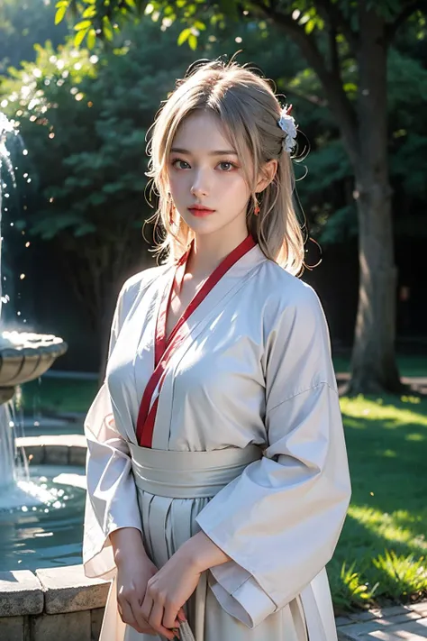 araffe woman in a white robe standing in front of a fountain