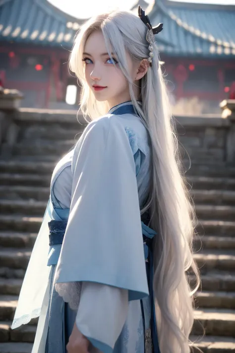 a woman with long white hair and a blue dress standing on steps