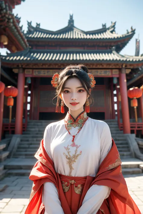 a woman in a red and white dress standing in front of a building