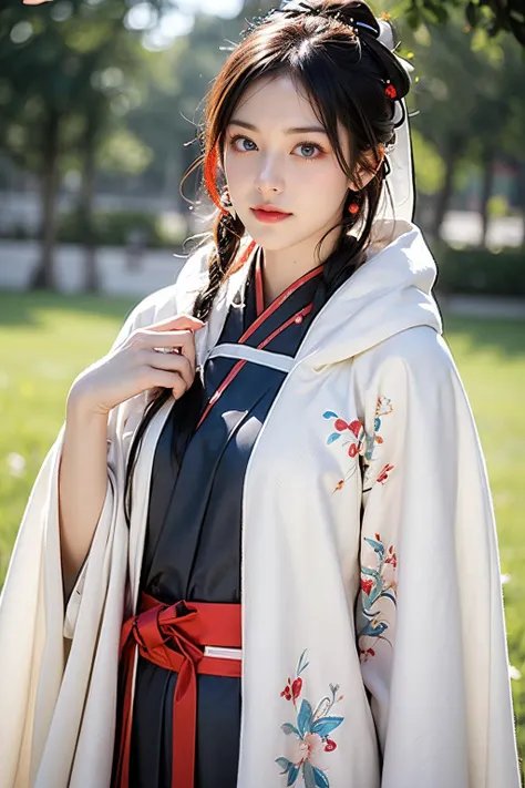 woman in traditional chinese dress posing for a picture in a park