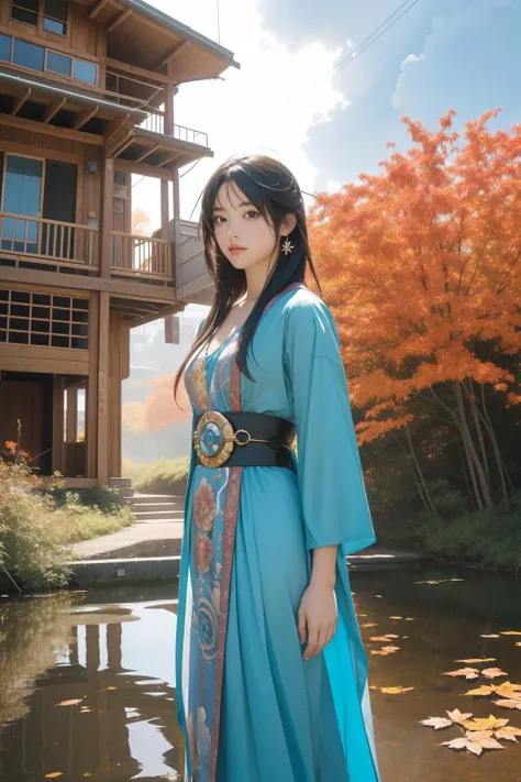 a woman in a blue dress standing in front of a pond