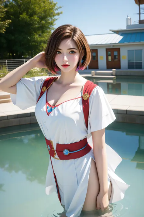 a woman in a white dress is standing in a pool