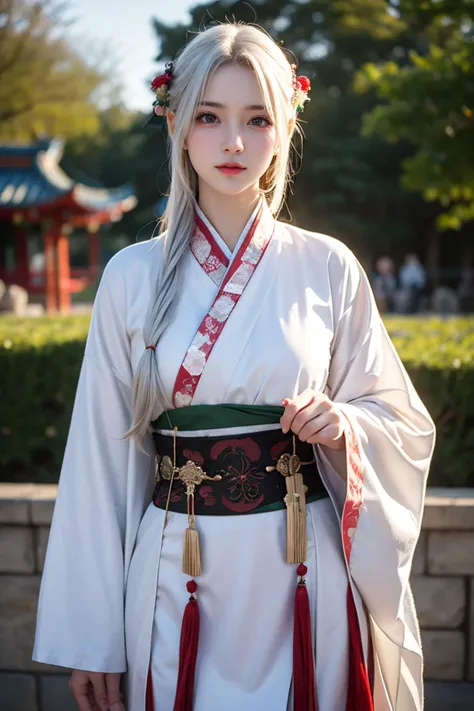 a woman in a white kimono with a red flower in her hair