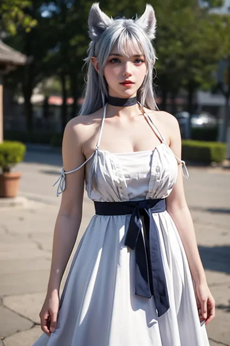 cowboy_shot,super high resolution,best quality,Photos,4k,(Realistic:1.2),1girl,:d,<lora:Lv2karaCheat_Fenrys:0.8>,FenrysLv2,grey hair,very long hair,blue eyes,wolf ears,pointy ears,choker,white dress,bare shoulders,black ribbon,cleavage,strap slip,