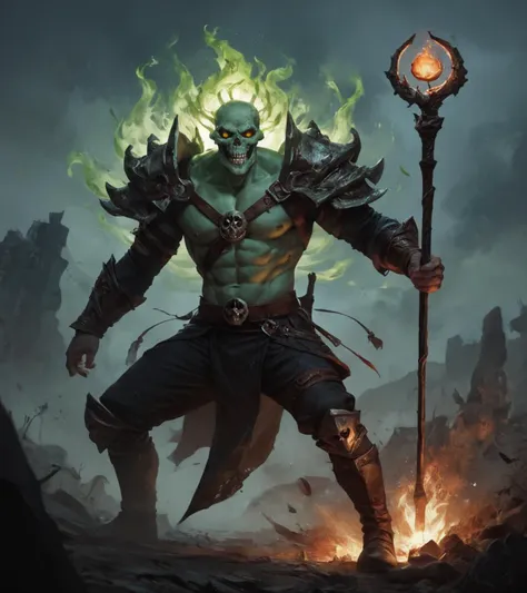 score_9, score_8_up, score_7_up, score_6_up, zPDXL, Powerful scary lich, undead archmage, green skull, holding staff of power, aura of necromancy, green flames, hovering, highly detailed, sharp focus, mysterious, epic, cinematic, dungeons and dragons art, ...