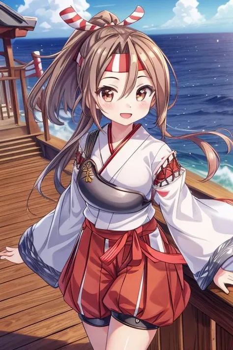 ultra-detailed,masterpiece,best quality,1girl,zuihouKC, deck,ocean,cloud,japanese clothes,smile,shiny eyes, wide sleeves, headband,high ponytail, hakama, red shorts, hachimaki, <lora:add_detail:1> <lora:zuihou:0.6>